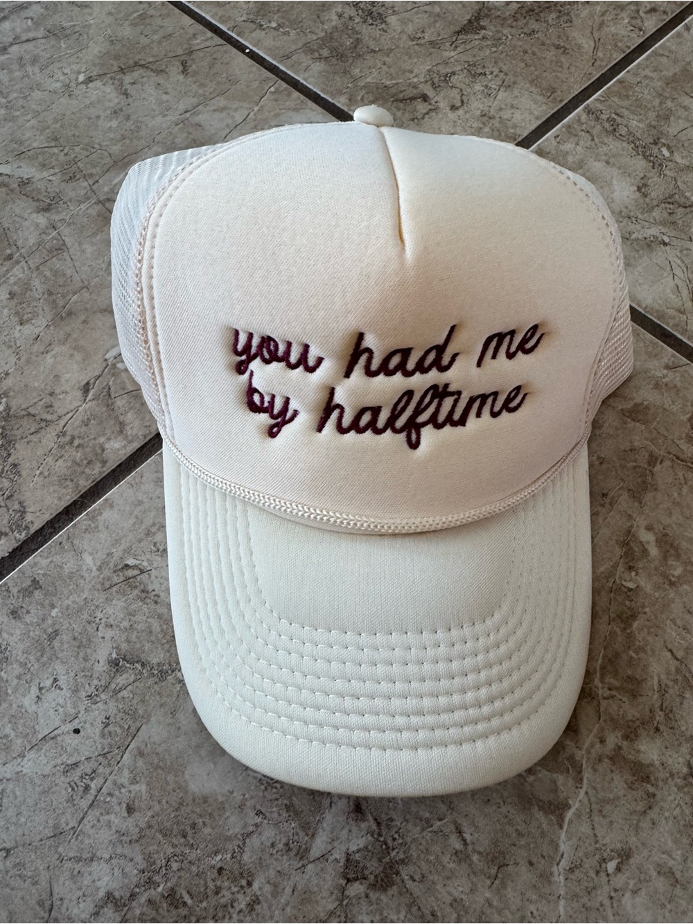 Cream Trucker Hat with 'you had me by halftime' Embroidery